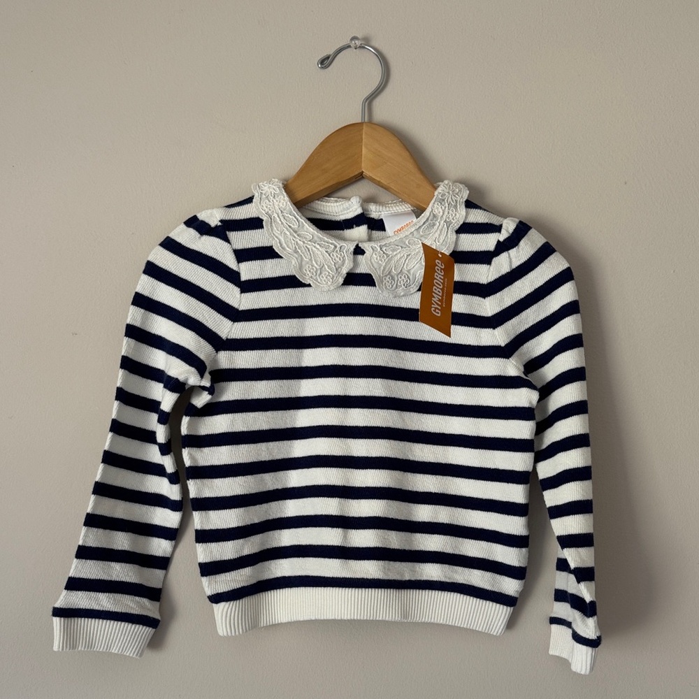 Gymboree Navy and White Striped Sweater with Lace Collar
